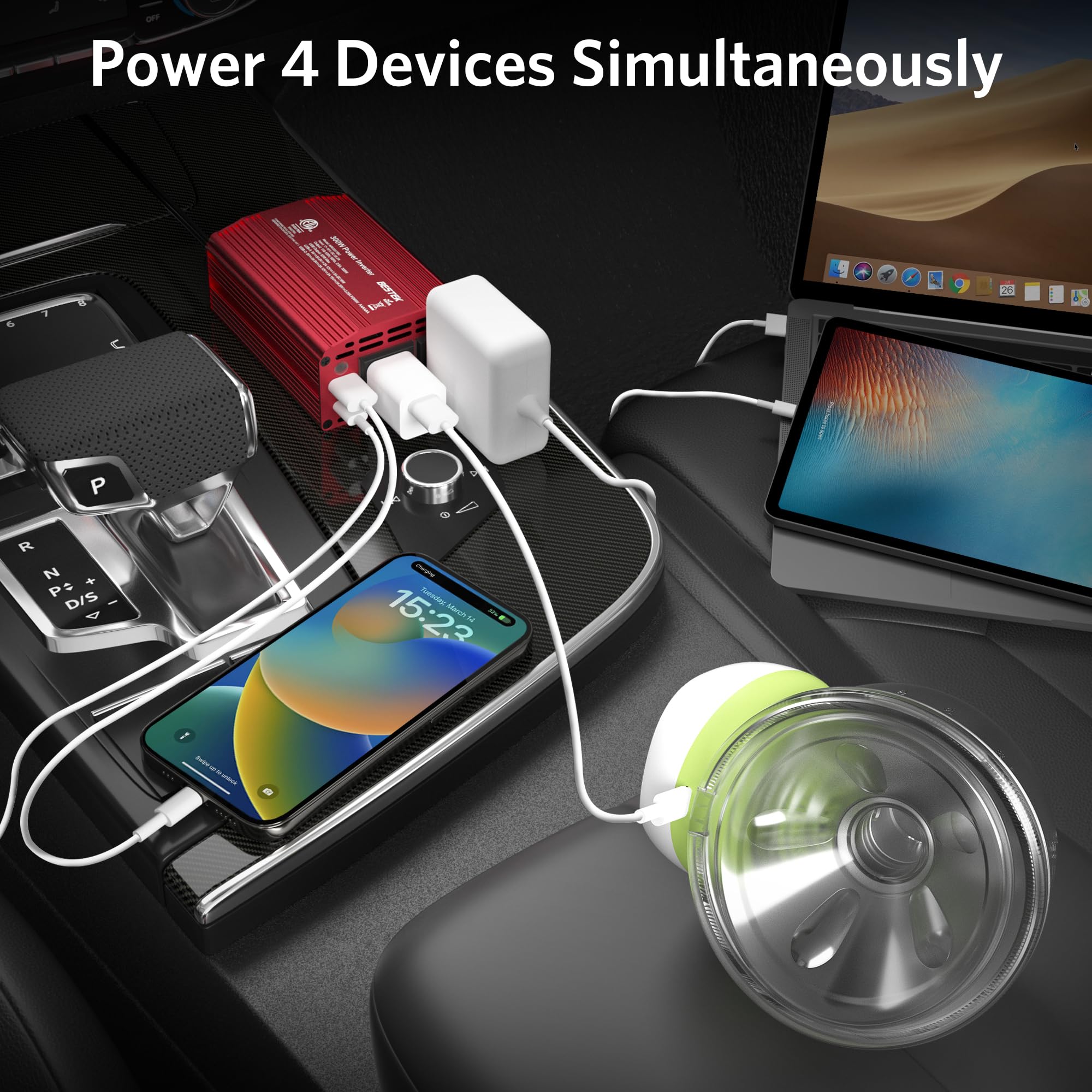 BESTEK comparación de tamaño junto a un teléfono para destacar su diseño compacto