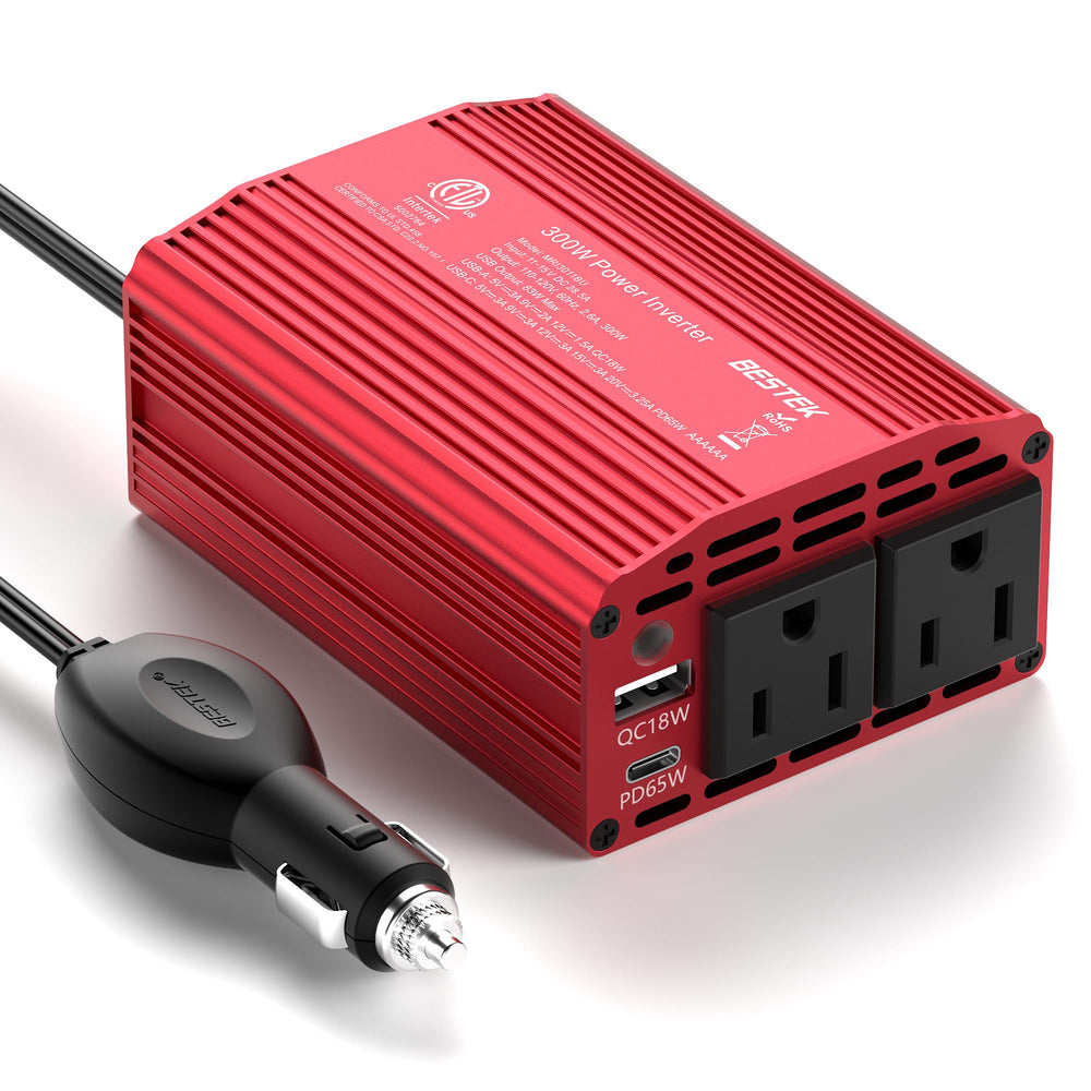 BESTEK inversor frontal mostrando enchufes AC y puertos USB para energía en ruta