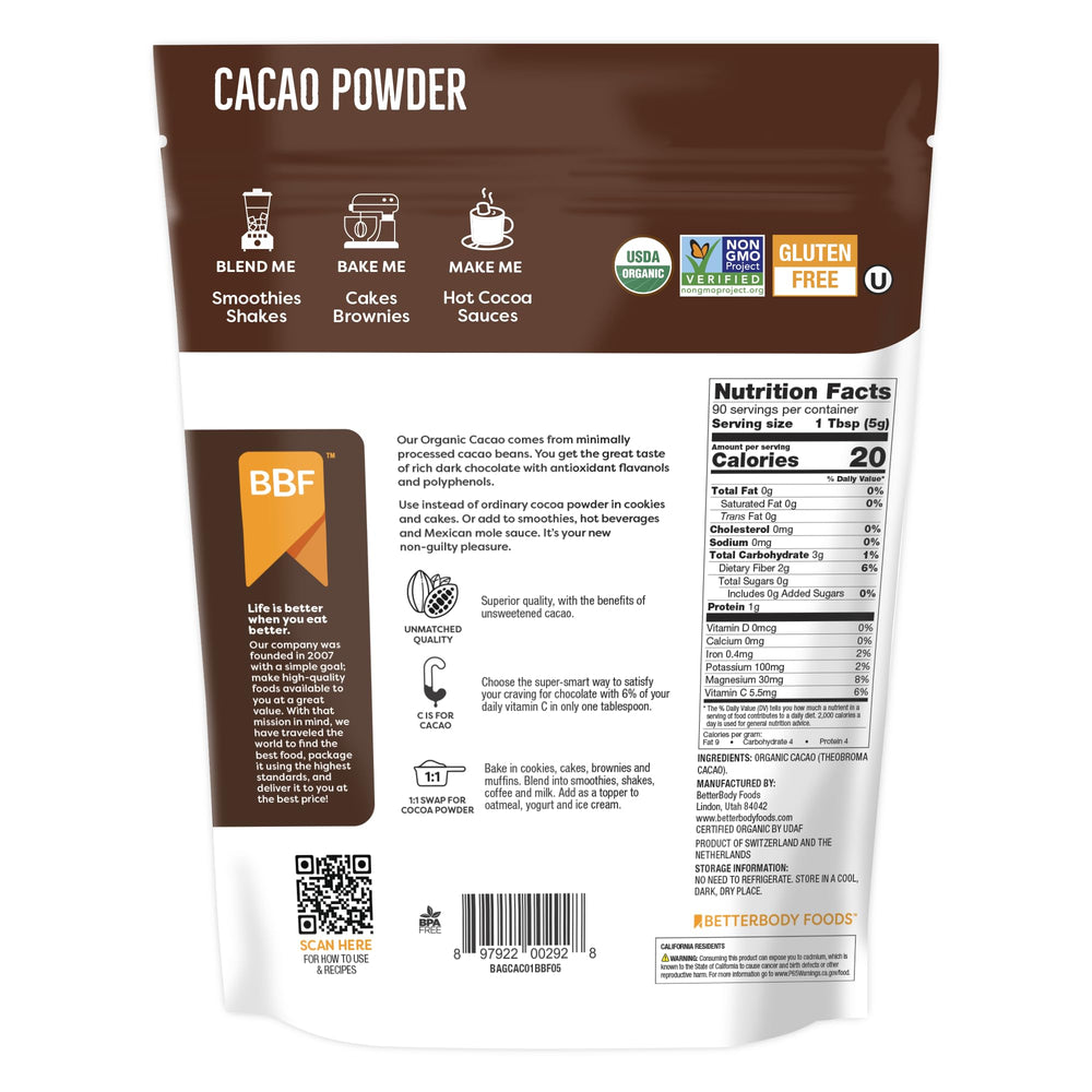 BetterBody Foods etiqueta con sellos orgánico y non-GMO, garantía de ingredientes limpios