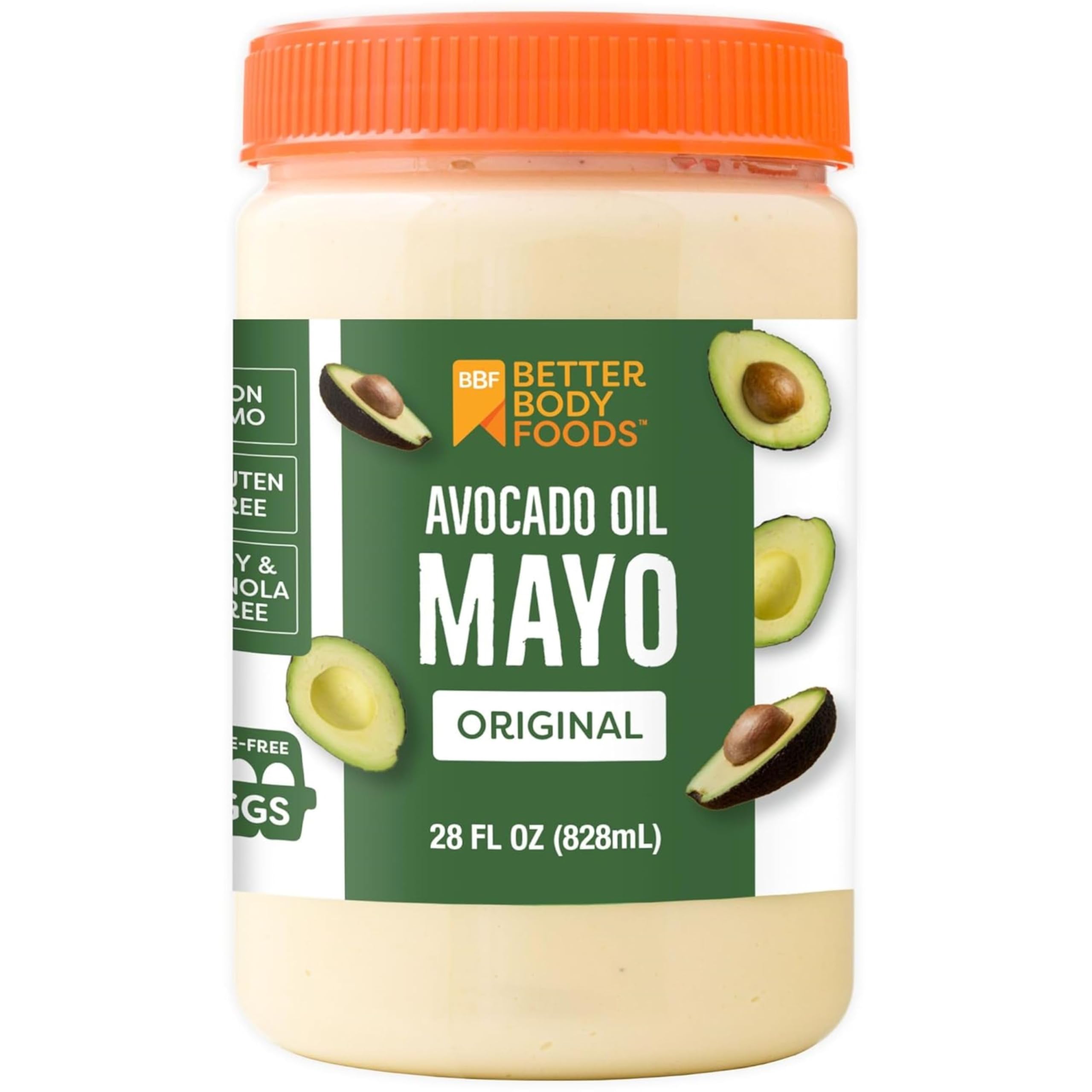 BetterBody Foods frasco frontal mostrando 28 oz y etiqueta clara, alternativa saludable