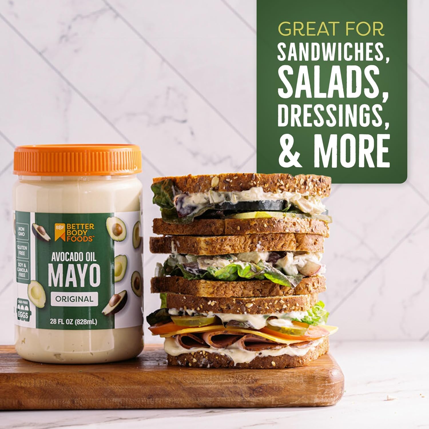 BetterBody Foods mayonesa untada en sándwich apetitoso, mejora el sabor del desayuno