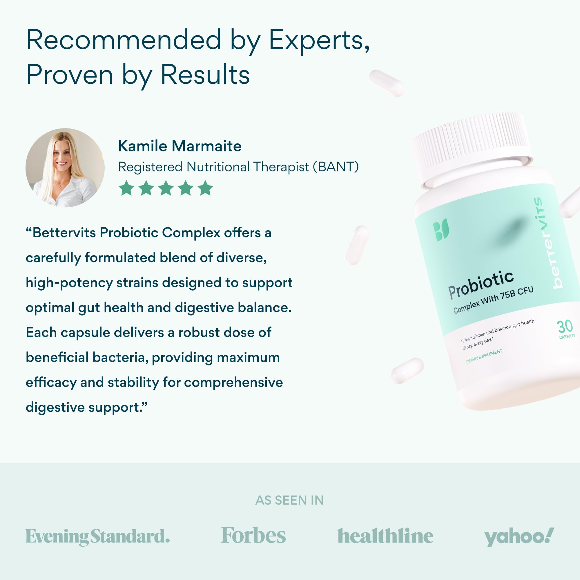 Bettervits etiqueta de ingredientes resaltando cepas probióticas y pruebas de terceros