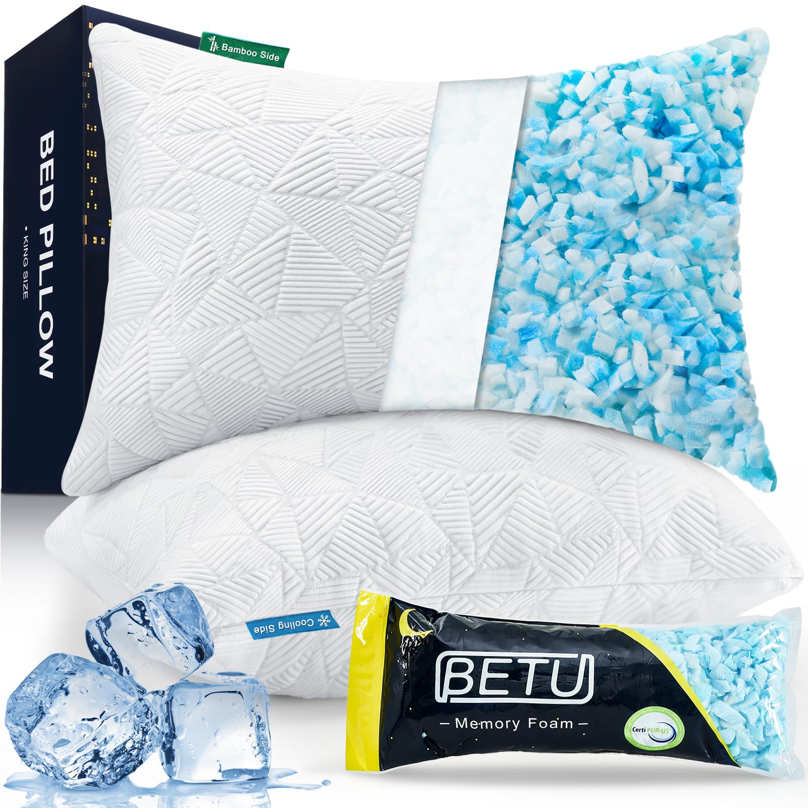 BETU frontal del set de almohadas queen mostrando embalaje y blancura, comodidad