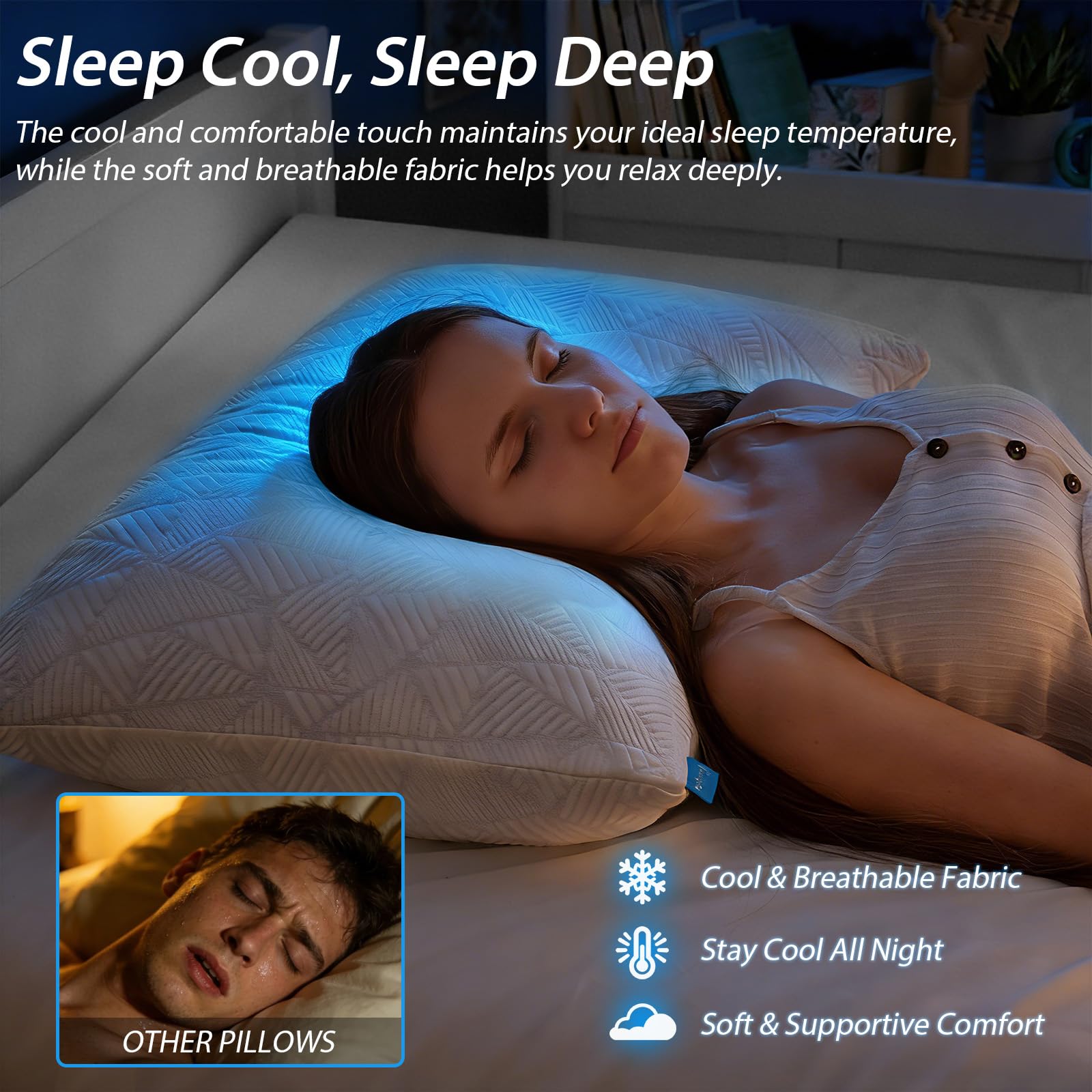 BETU almohadas colocadas en cama queen mostrando soporte y estética