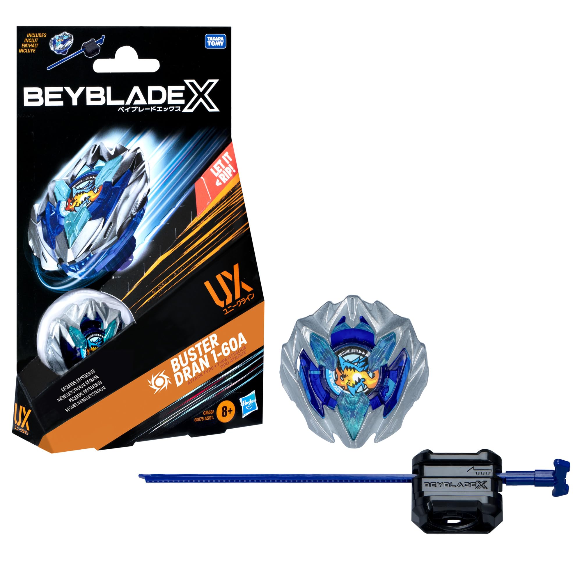 Beyblade Buster Dran pack frontal mostrando trompo y lanzador, listo para batalla