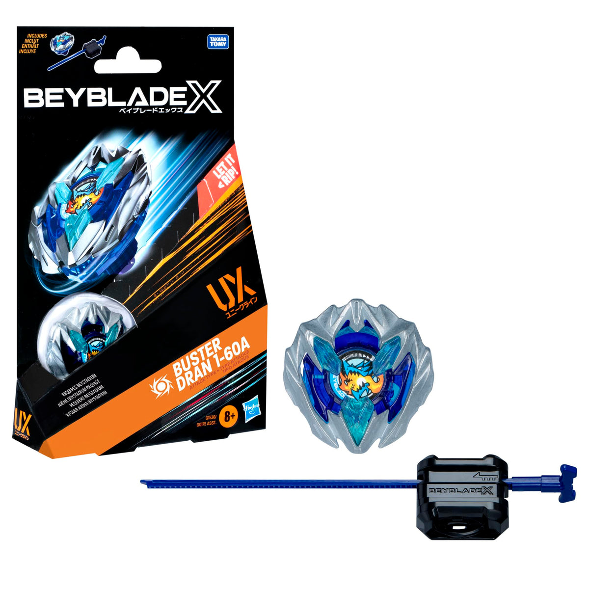 Beyblade Buster Dran pack frontal mostrando trompo y lanzador, listo para batalla