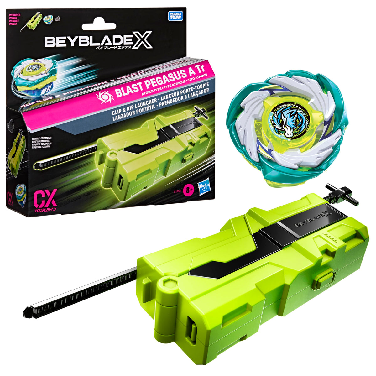 Beyblade lanzador frontal mostrando clip y diseño portátil