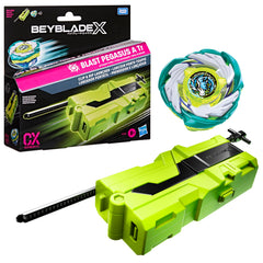 Beyblade lanzador frontal mostrando clip y diseño portátil