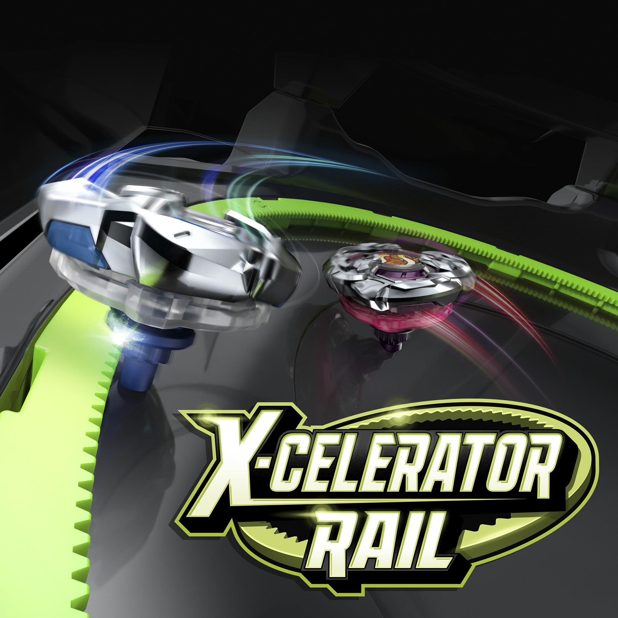 Beyblade acción en riel X-Celerator mostrando aceleración y choque