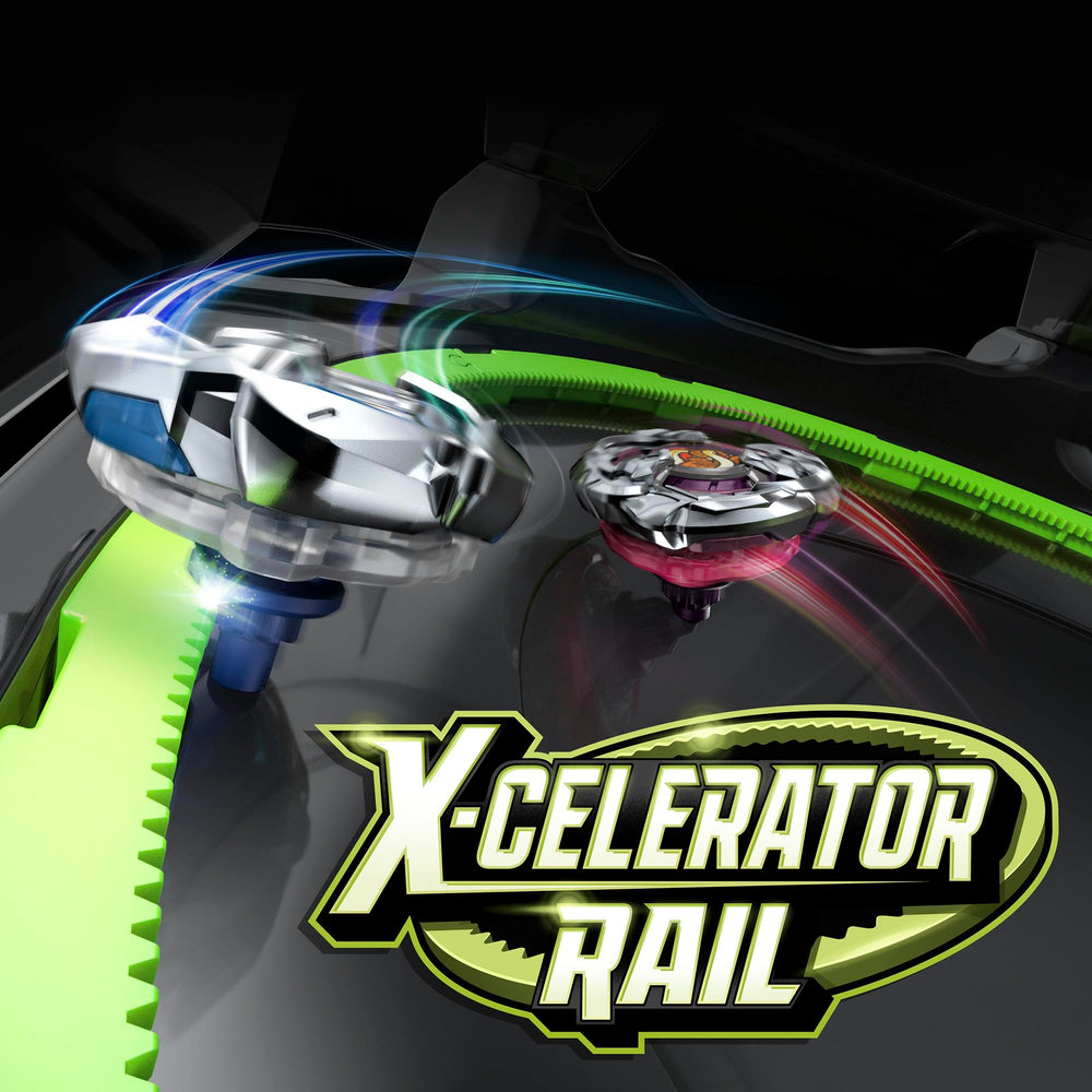 Beyblade acción en riel X-Celerator mostrando aceleración y choque