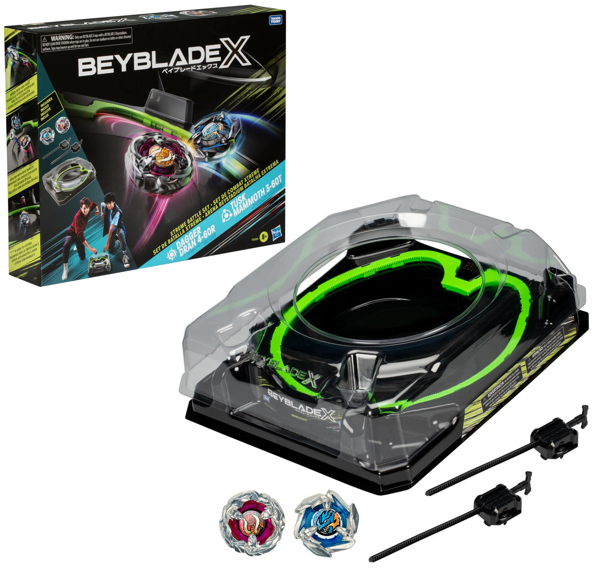 Beyblade Beystadium frontal mostrando el riel X-Celerator y espacio de batalla