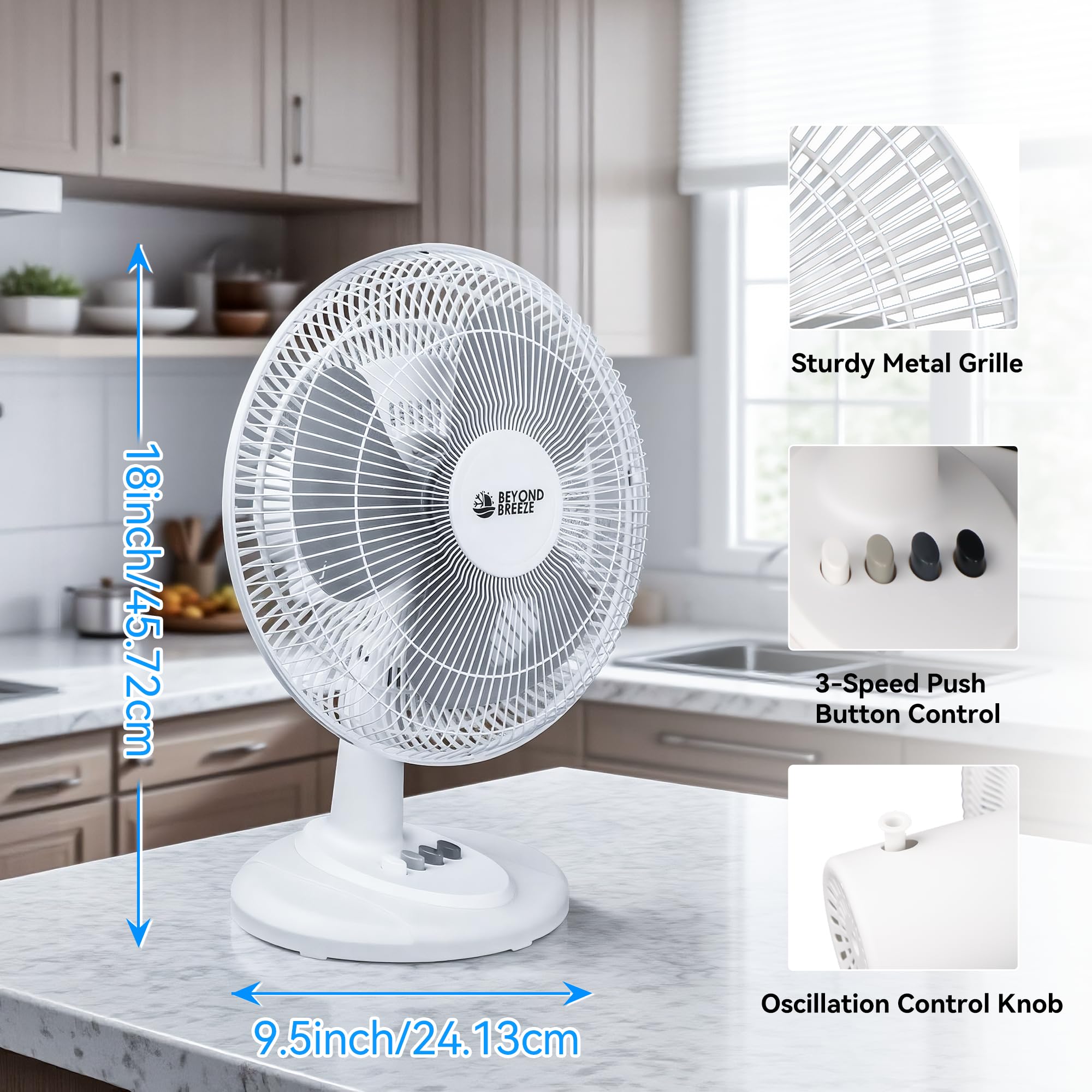 BEYOND BREEZE rejilla metálica resistente que protege las aspas y aporta seguridad