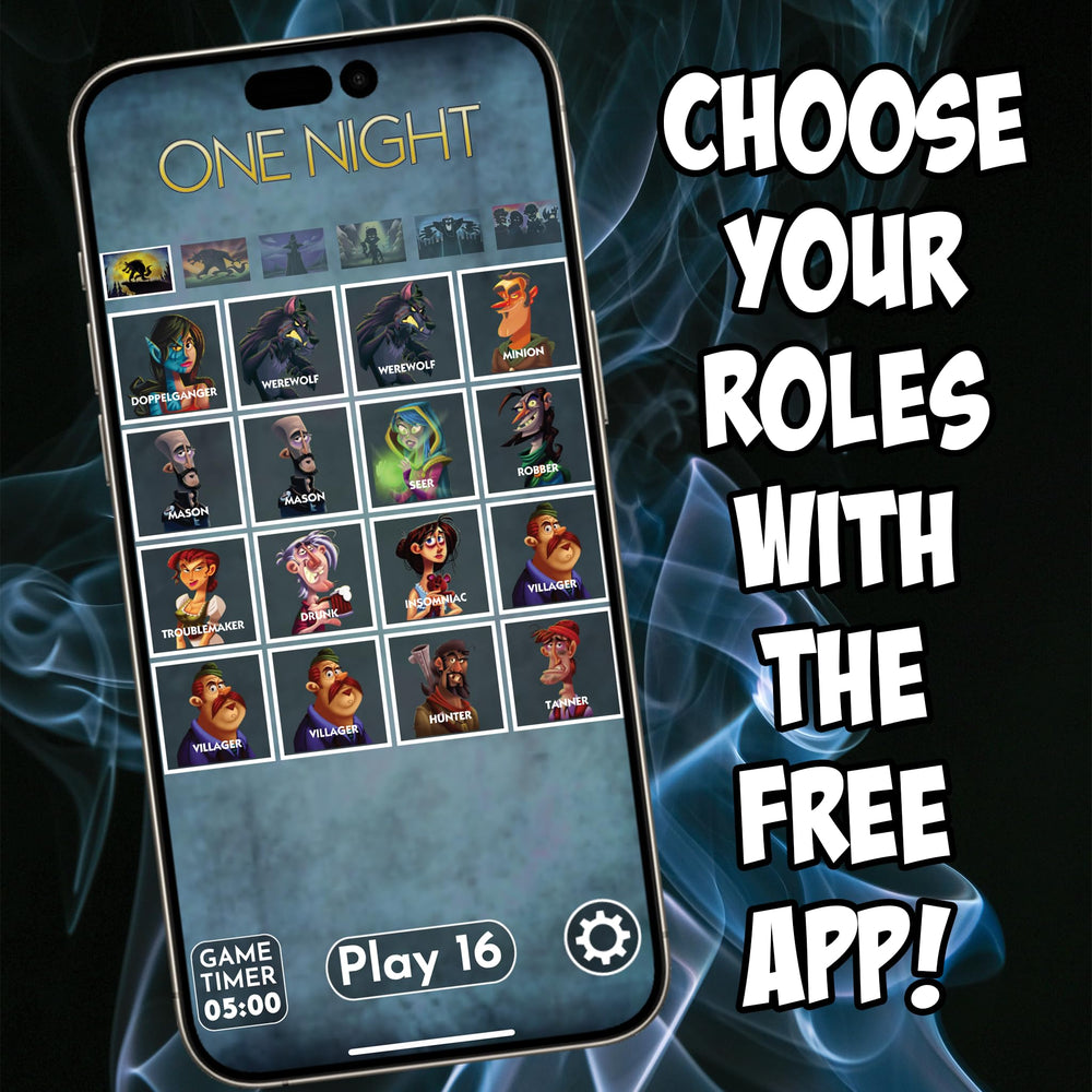Bezier Games night phase with app guide and cards, simplifies setup and timing