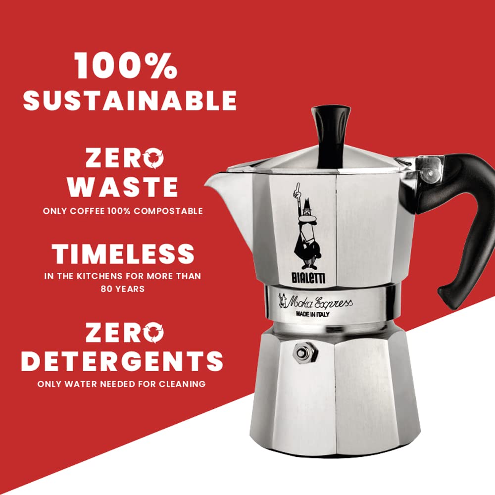Bialetti Moka Express enfoque en la válvula de seguridad y etiqueta Made in Italy para confianza