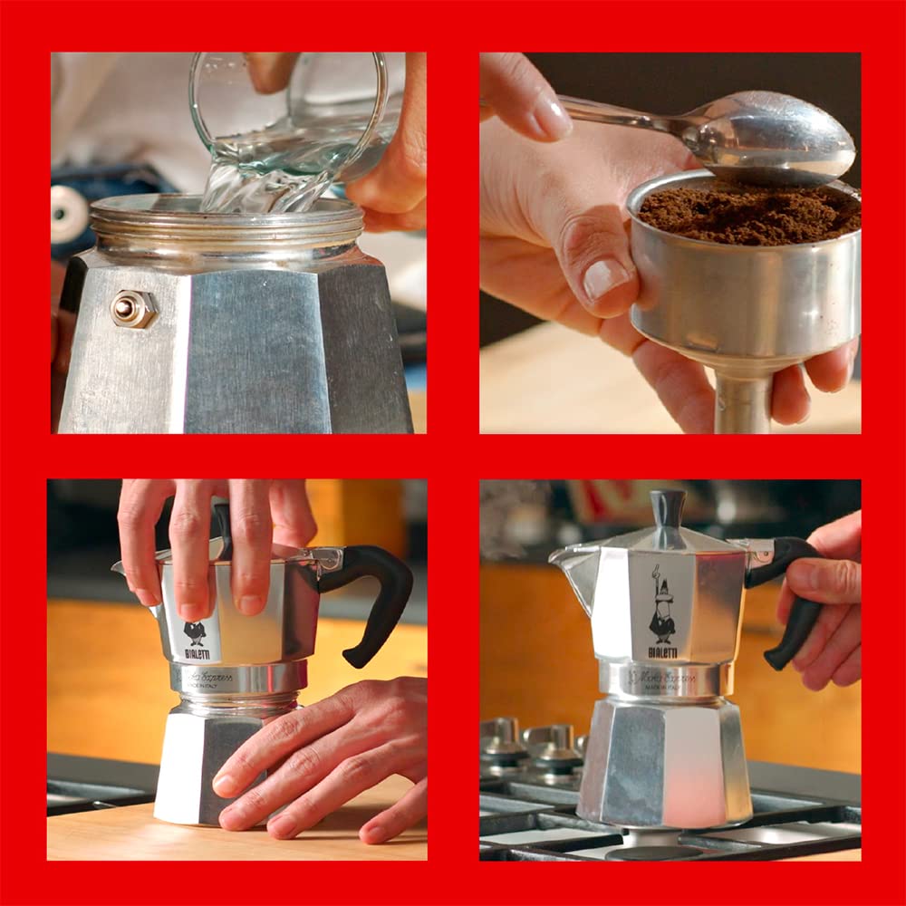 Bialetti Moka Express en la placa mientras sale el café, demostrando extracción clásica italiana