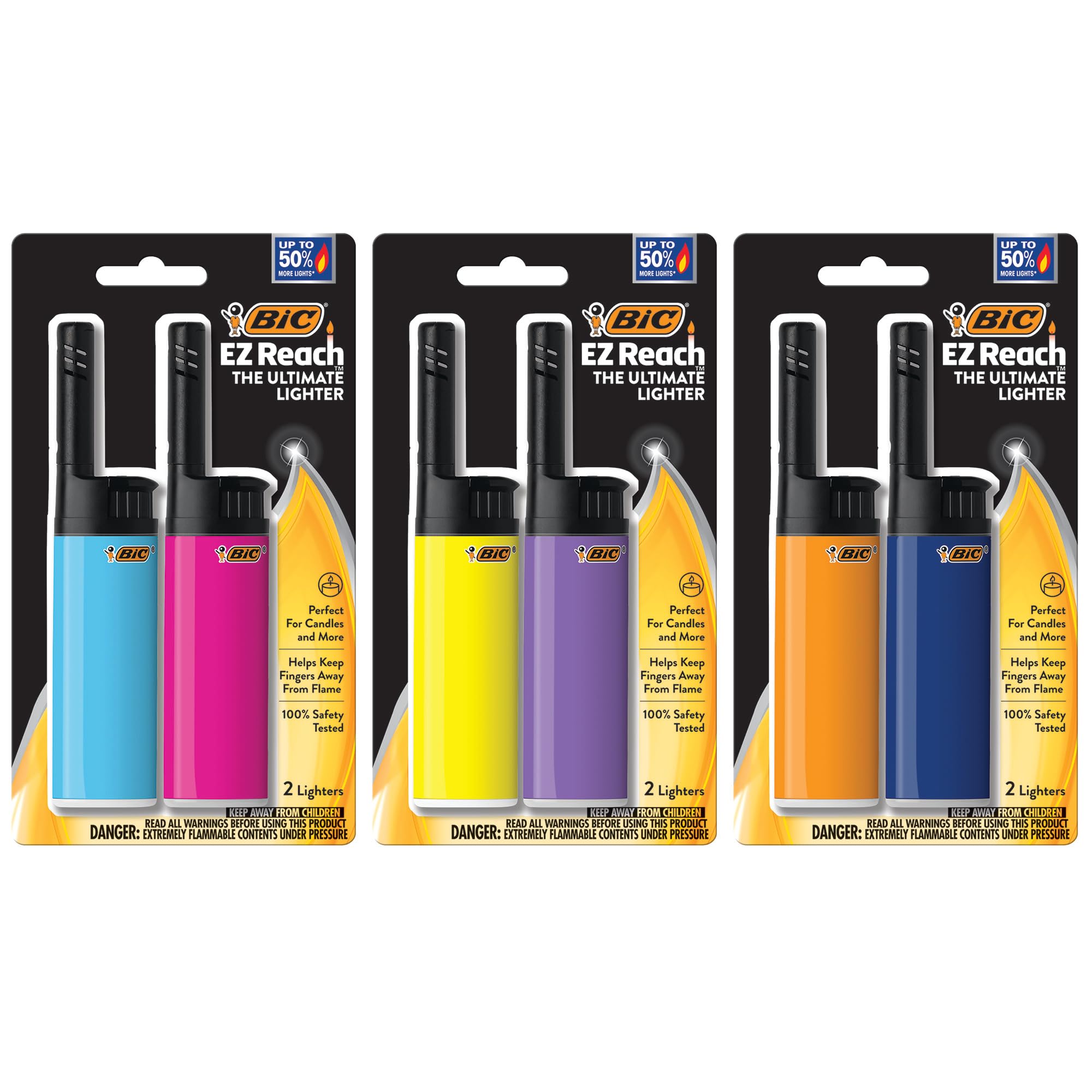 BIC encendedor EZ Reach frontal del paquete seis unidades, confiabilidad inmediata