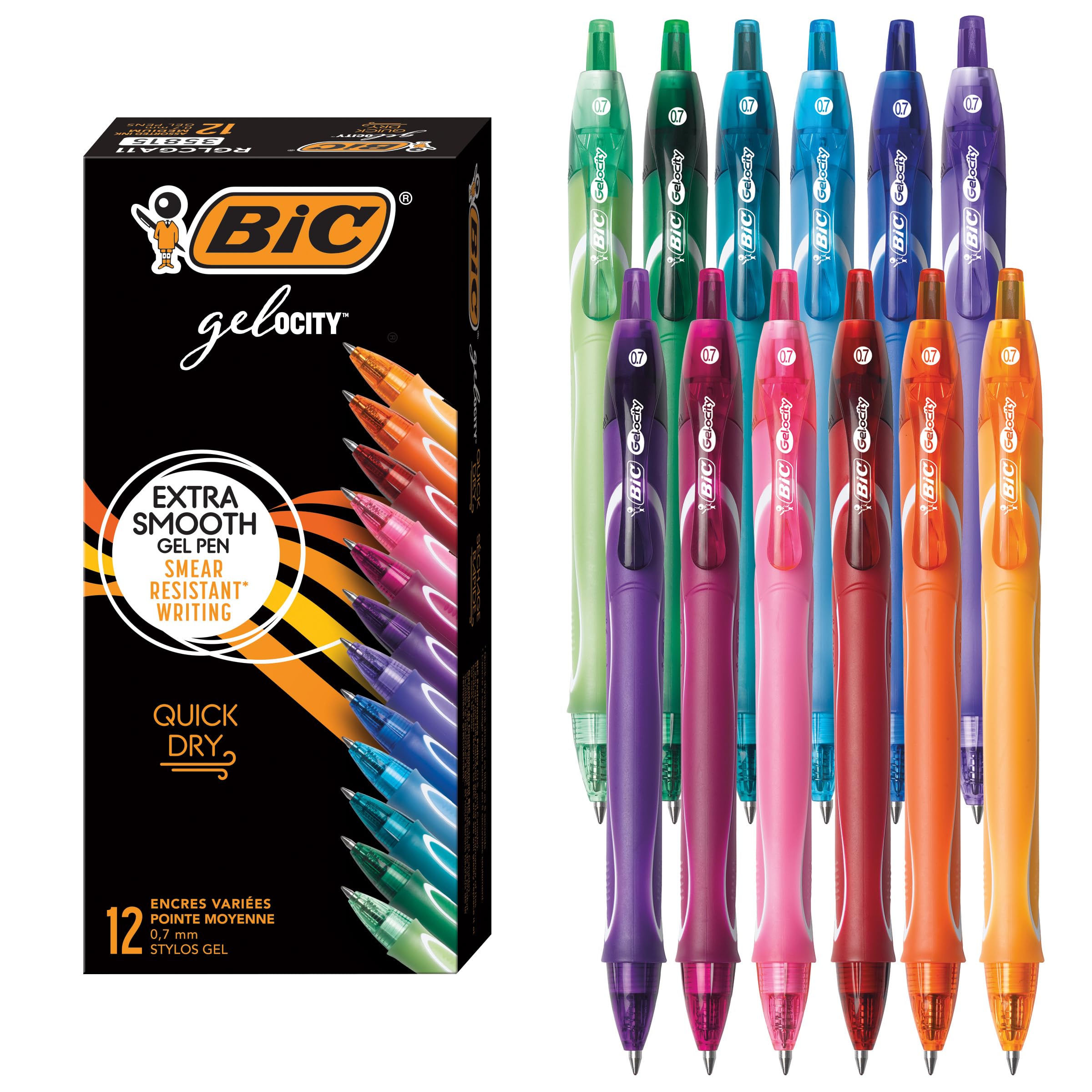 BIC Gelocity frontal del paquete mostrando los 12 colores y beneficio organización