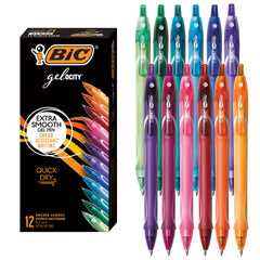 BIC Gelocity frontal del paquete mostrando los 12 colores y beneficio organización