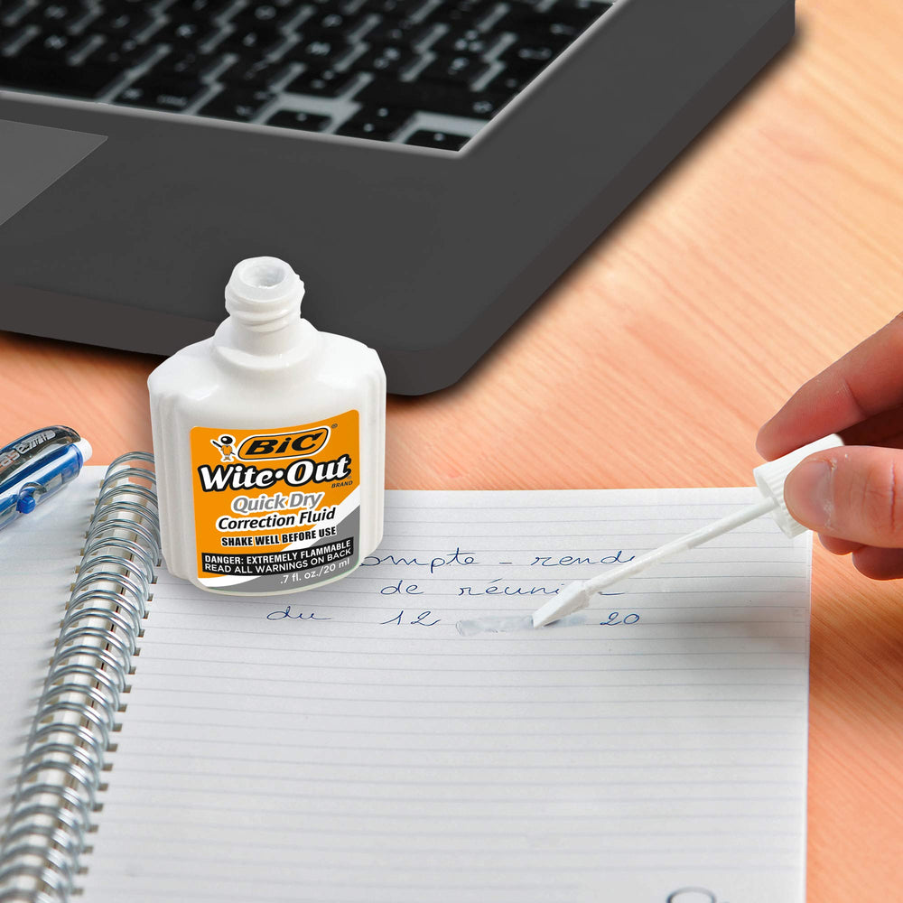 BIC Wite-Out etiqueta con instrucciones y beneficios visibles