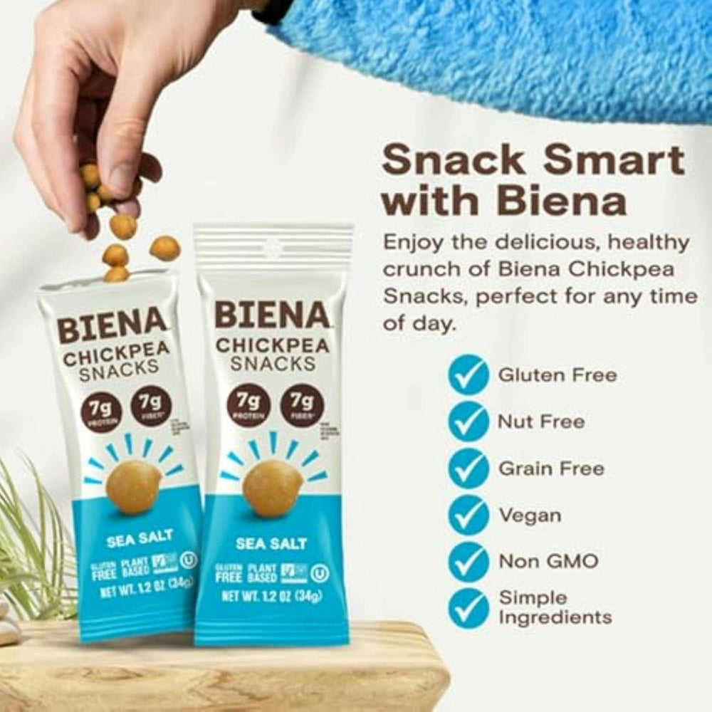 BIENA bolsa abierta con garbanzos listos para comer y fácil transporte