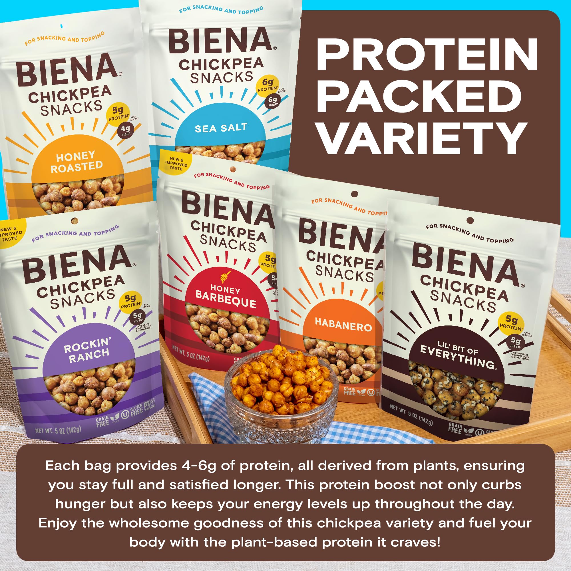 BIENA close-up of roasted chickpea texture highlighting crunchy bite