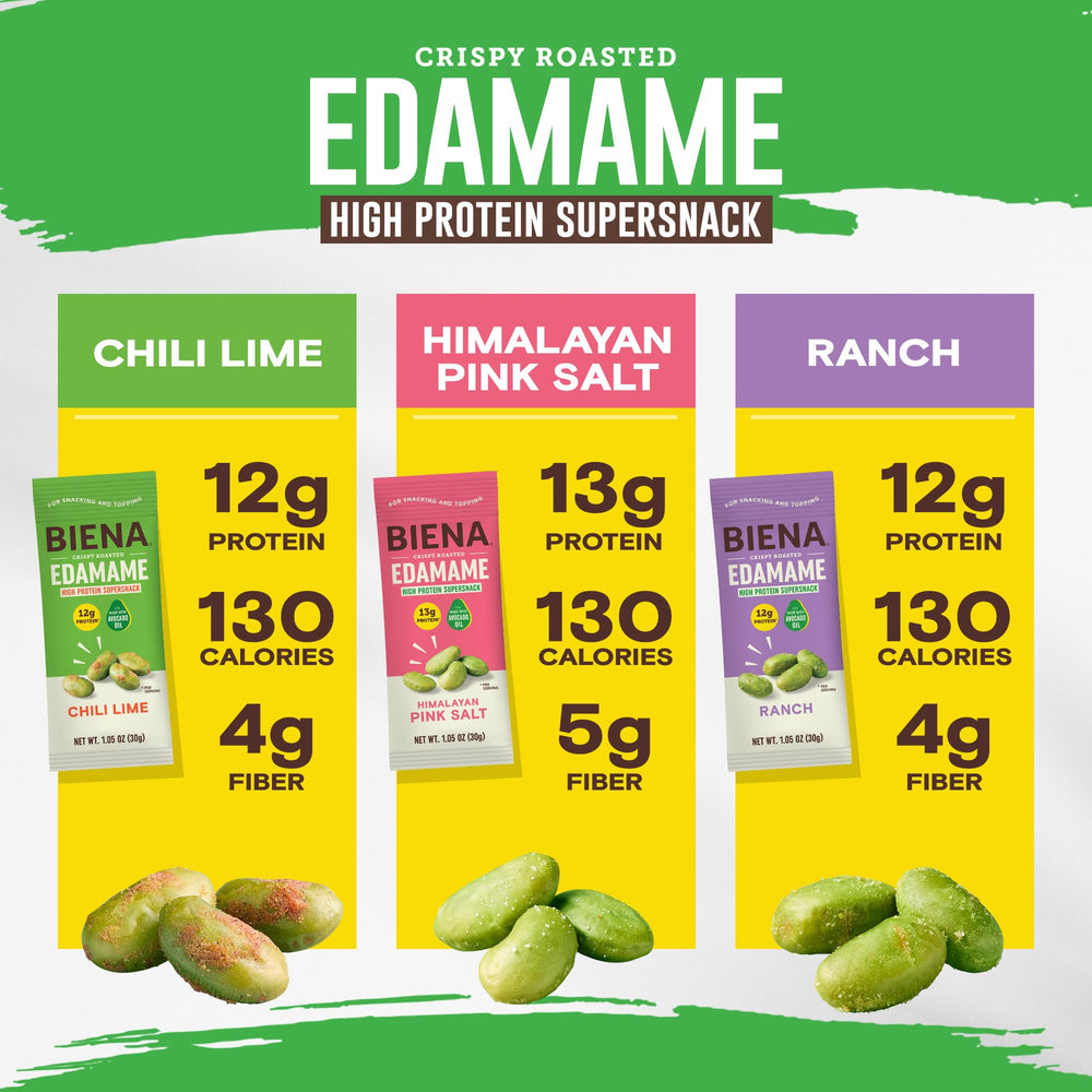 BIENA edamame con gotas de aceite de aguacate, tostado saludable
