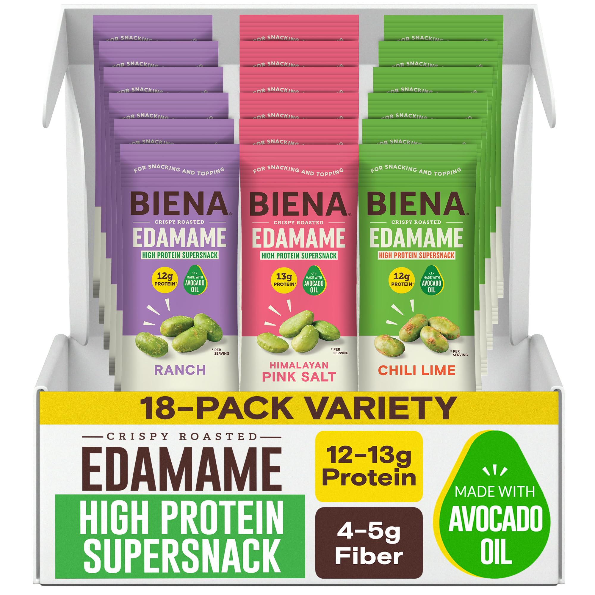 BIENA paquete frontal mostrando 18 unidades y sabores, práctico para llevar