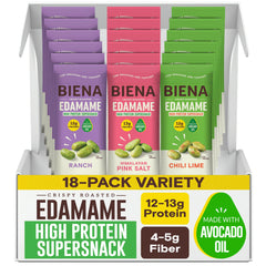 BIENA paquete frontal mostrando 18 unidades y sabores, práctico para llevar