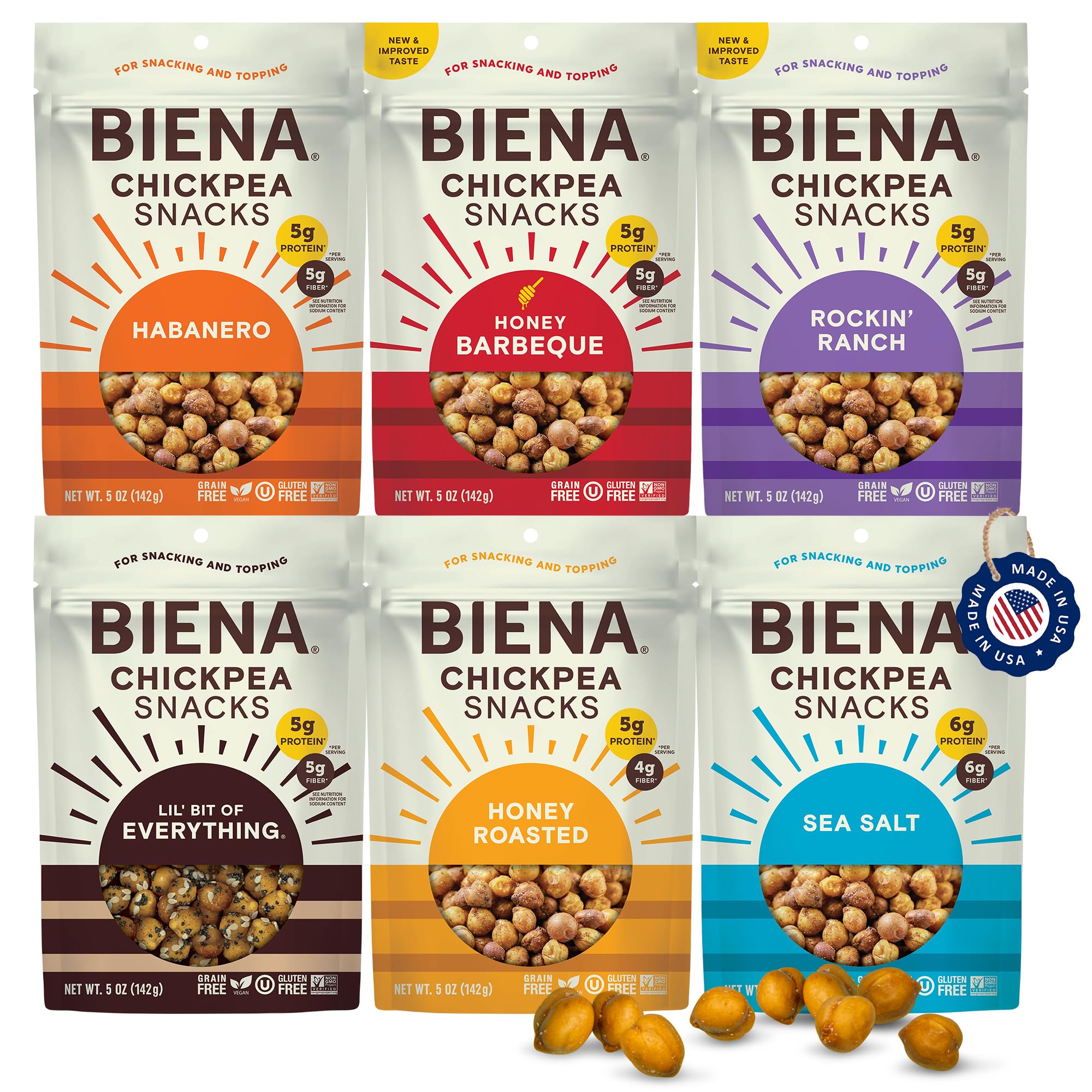 BIENA front-packaging six-pack showing variety and convenience