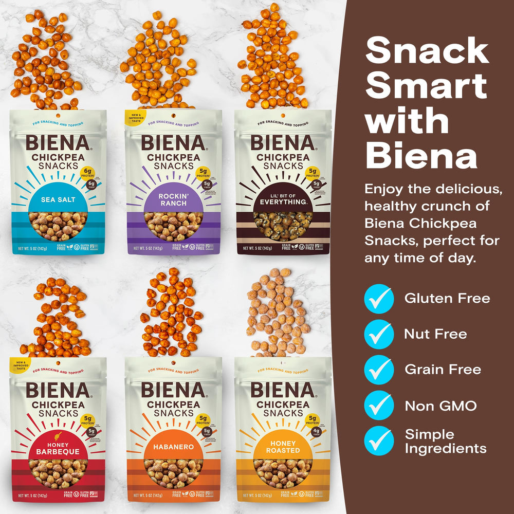 BIENA hand holding 5 oz bag showing real-world portion size
