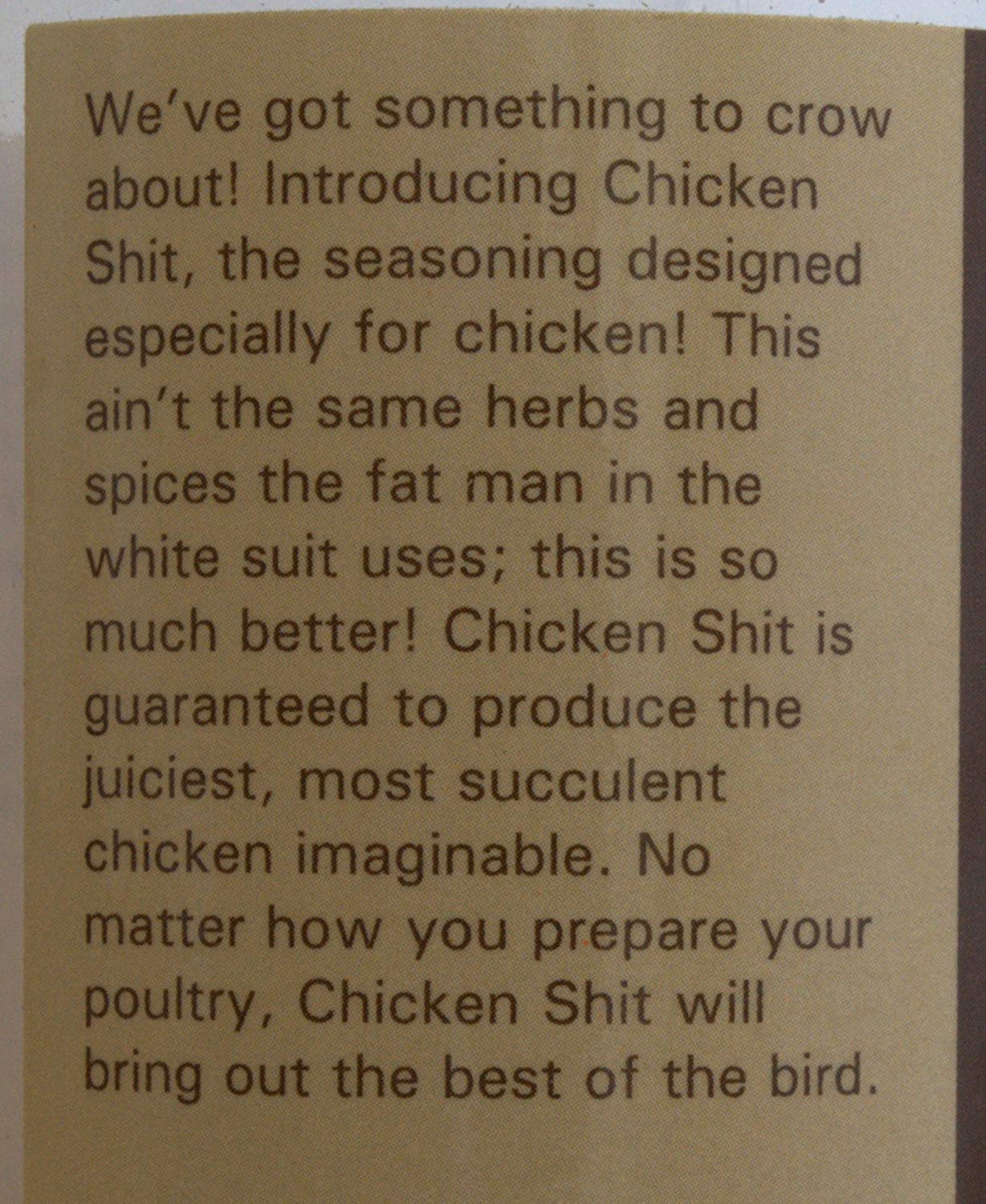 Big Cock Ranch etiqueta de Chicken Shit con ingredientes y consejos de uso