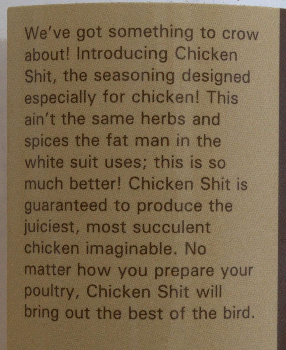 Big Cock Ranch etiqueta de Chicken Shit con ingredientes y consejos de uso