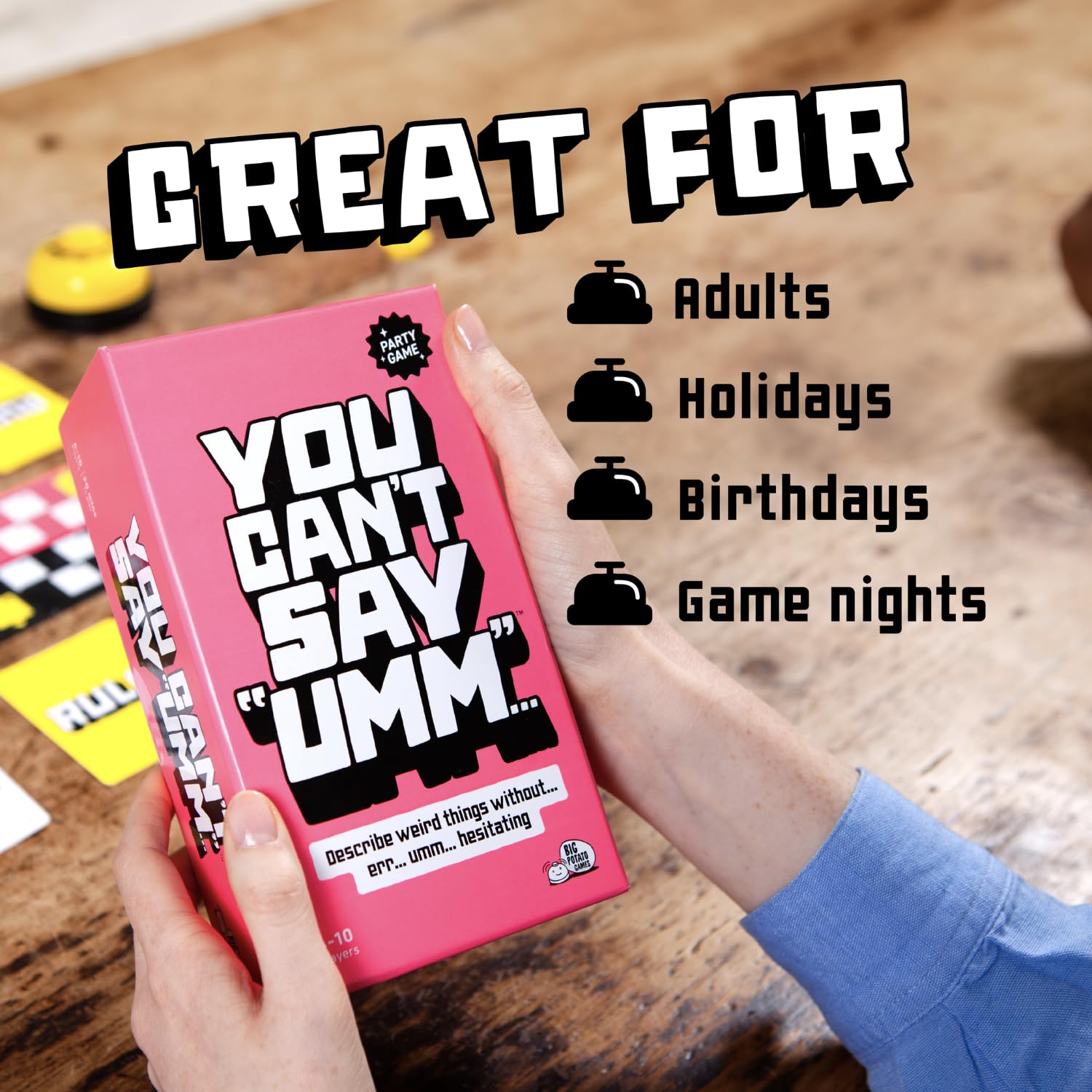 Big Potato grupo de adultos riendo durante la captura de muletillas en juego activo