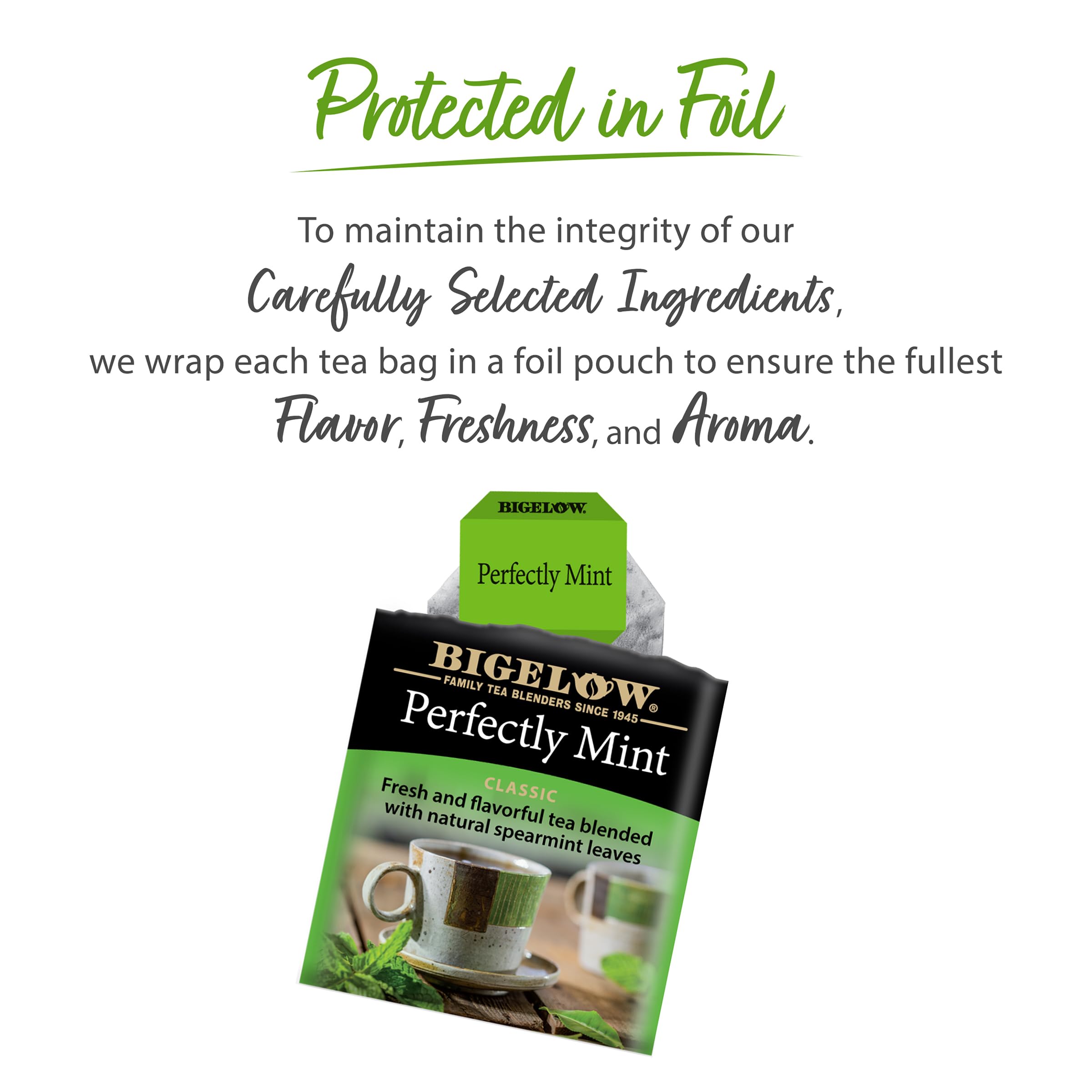 Bigelow brewed cup with mint garnish highlighting refreshing flavor and appearance