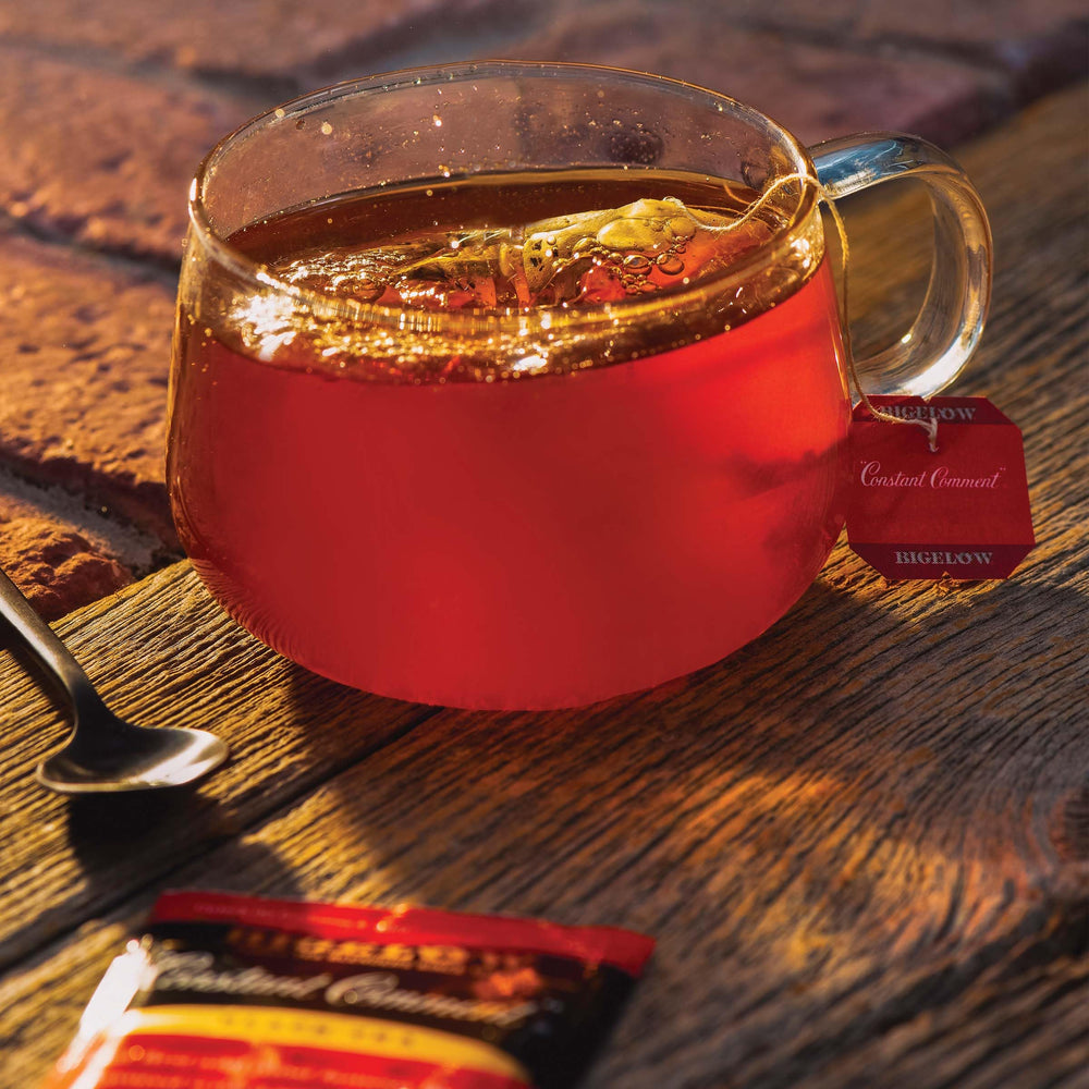 Bigelow Constant Comment single foil-wrapped tea bag highlighting freshness and aroma protection