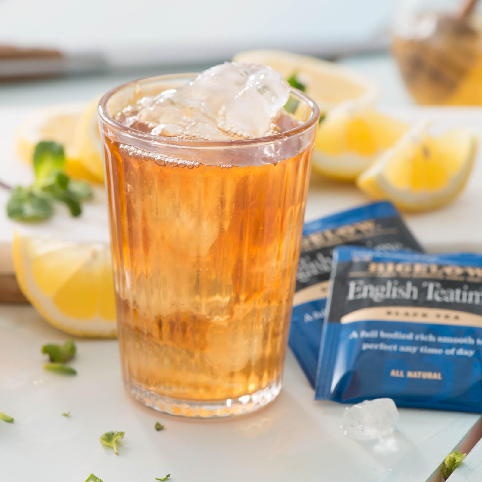 Bigelow foil-wrapped tea bag close-up preserving freshness and aroma for each cup