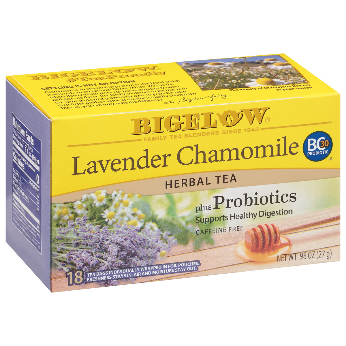 Bigelow Tea caja frontal mostrando lavanda y manzanilla, transmite calma