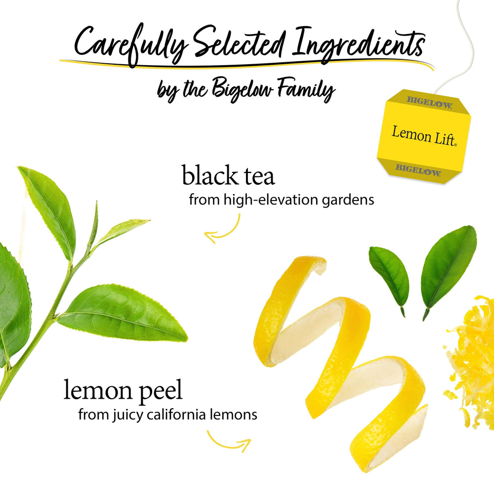 Bigelow tea bag detail with tag visible showing convenience and single-serve freshness