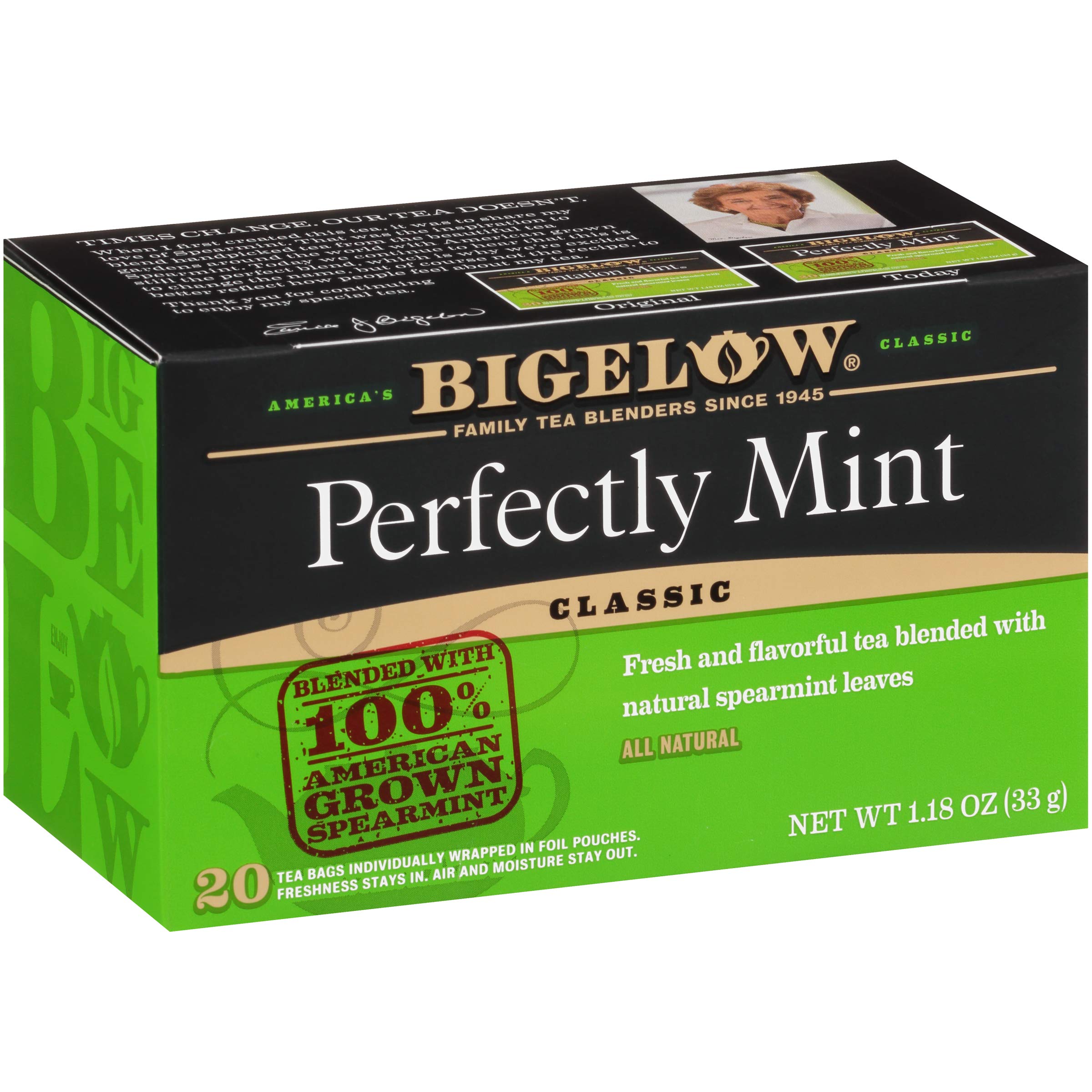 Bigelow Perfectly Mint front pack showing box and branding, convenient supply
