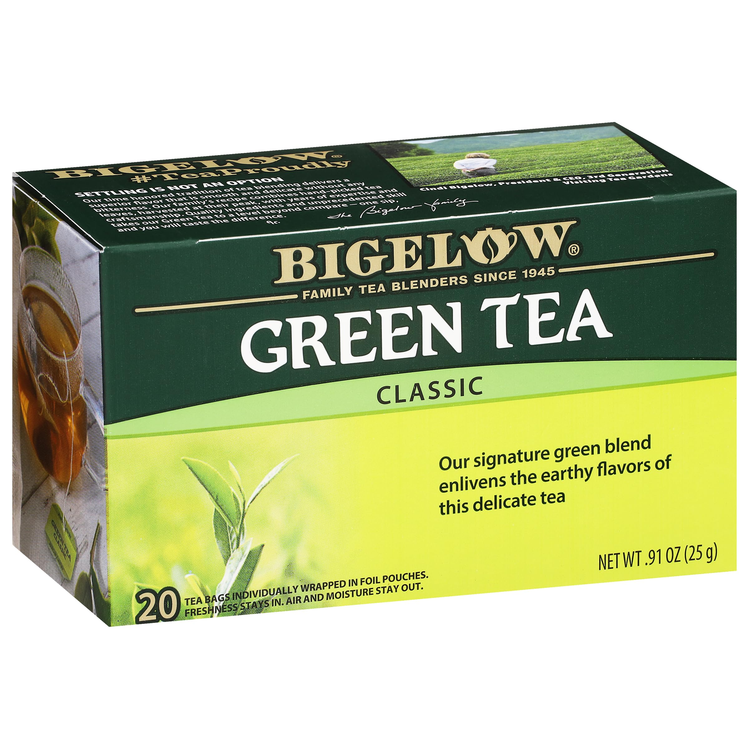 Bigelow caja frontal mostrando 120 bolsitas y conveniencia diaria