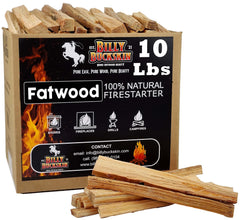 Billy Buckskin caja frontal de 10 lb mostrando palos fatwood para iniciar fuego