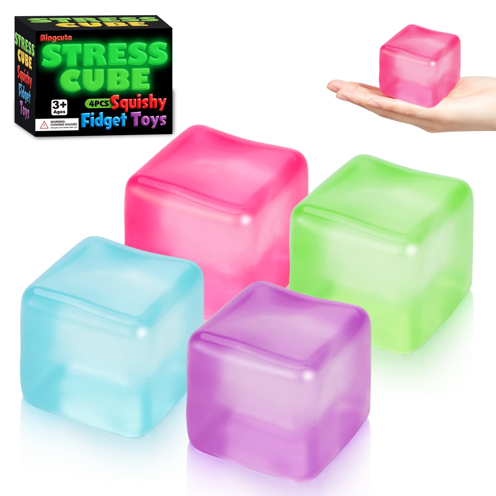 Bingcute caja y cuatro cubos anti-estrés vista frontal, ideal para regalo