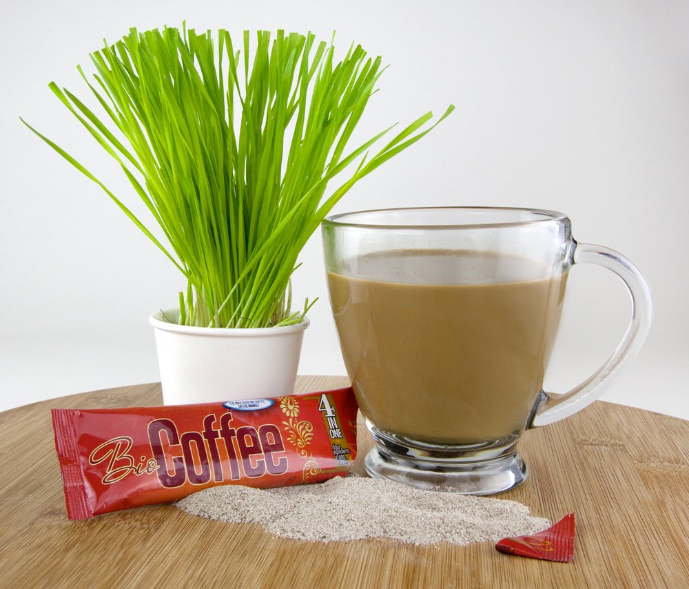 Bio Coffee etiqueta de ingredientes con café colombiano y wheatgrass