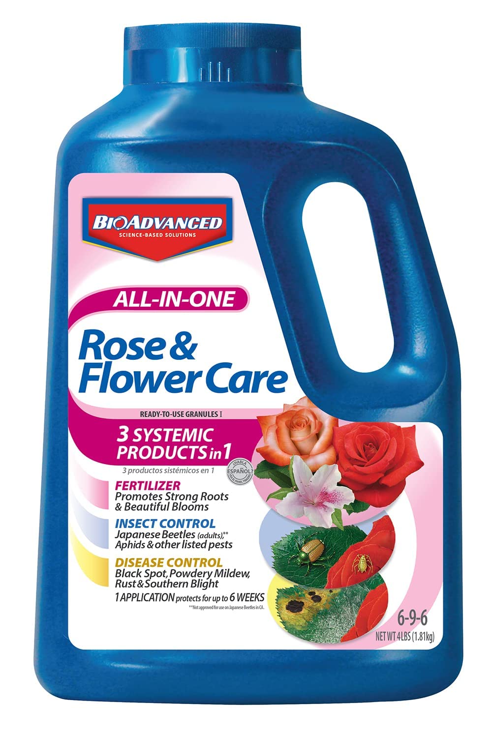 BioAdvanced botella azul frente mostrando el envase para cuidado de rosas
