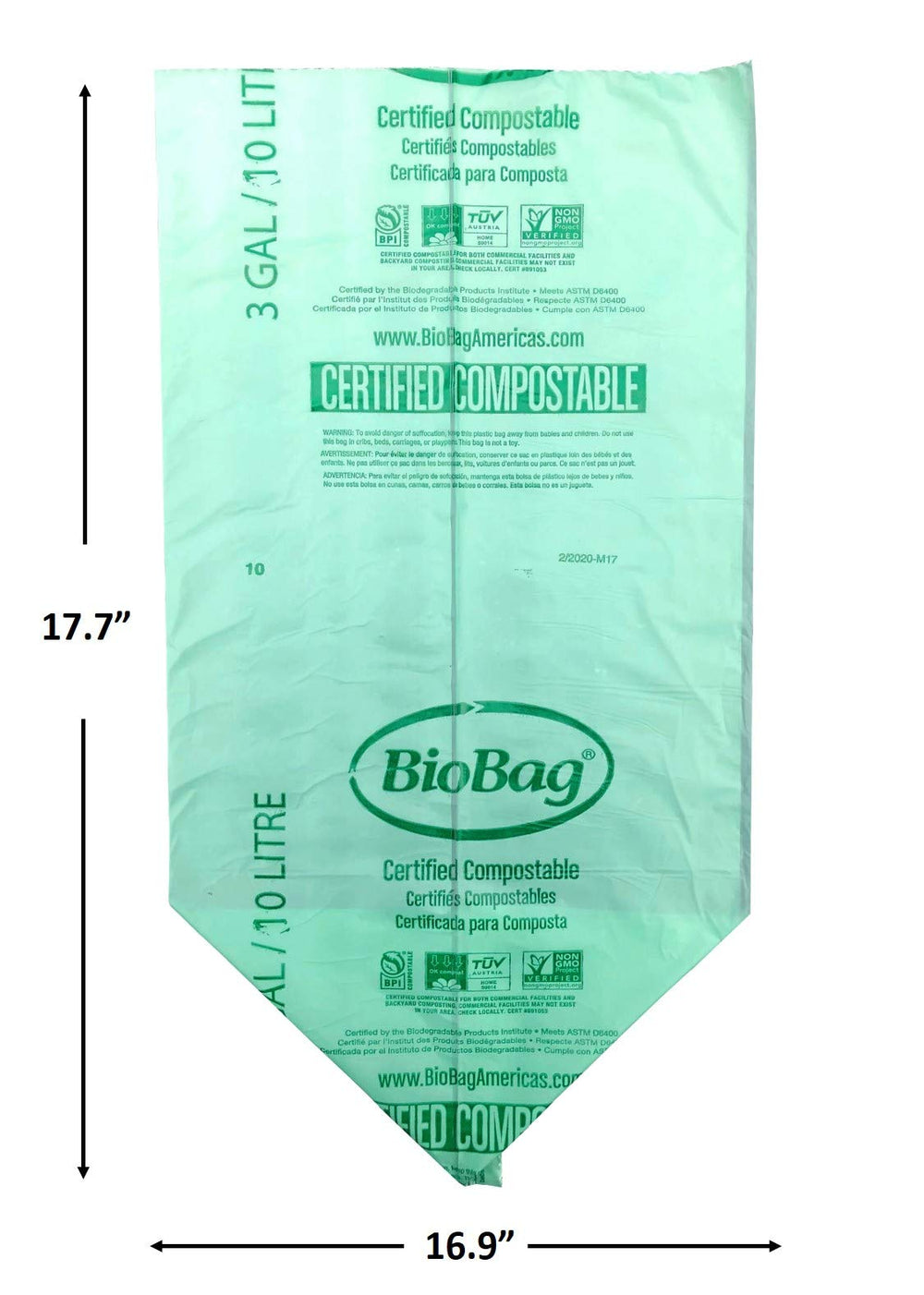 BioBag comparación de tamaño con mano para escala, ideal para botes de cocina