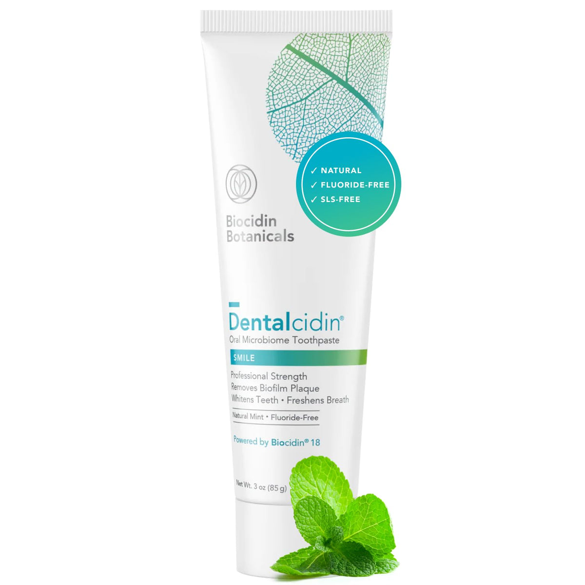 Bio-Botanical Research Biocidin Dentalcidin frente del empaque, presenta la pasta blanqueadora