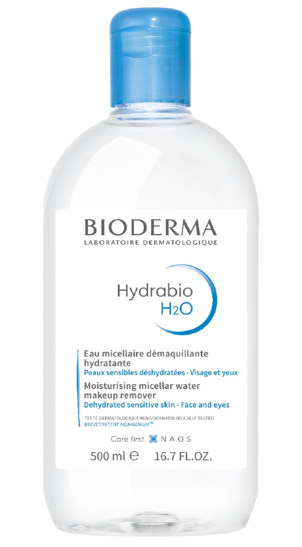 Bioderma Hydrabio H2O botella frontal mostrando diseño limpio y volumen