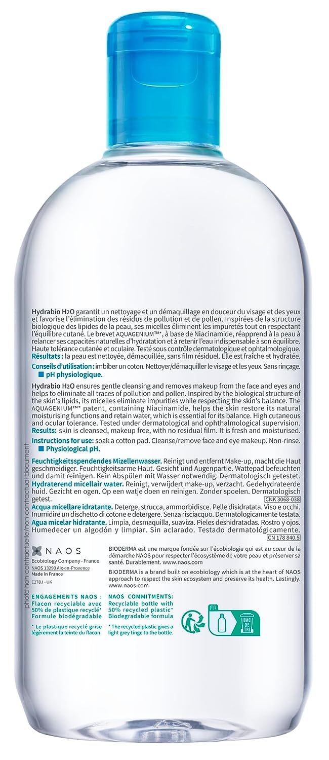 Detalle de la textura líquida de Bioderma Hydrabio H2O transmitiendo suavidad