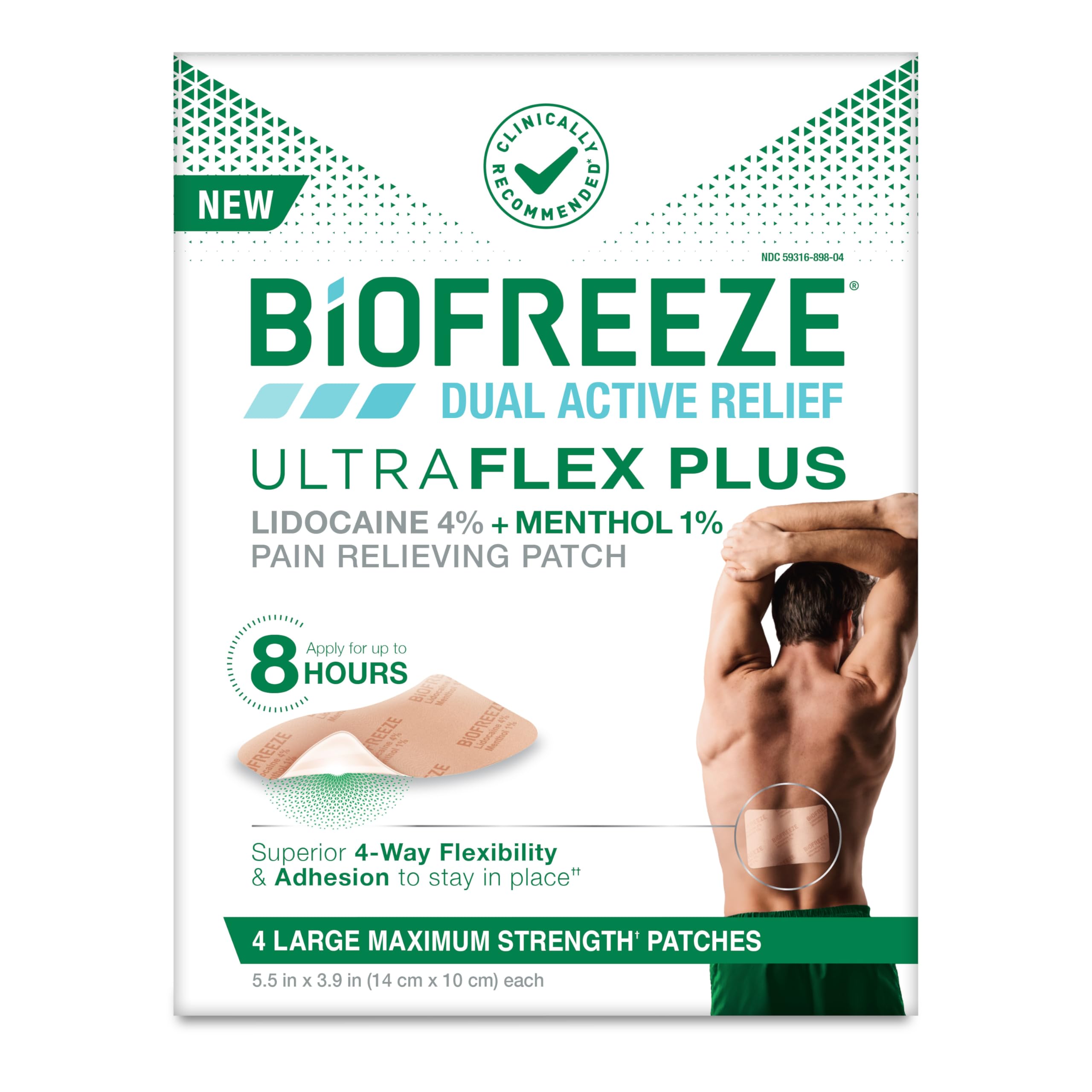 Biofreeze parche Ultraflex Plus frontal mostrando la superficie y etiqueta, alivio localizado rápido