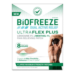 Biofreeze parche Ultraflex Plus frontal mostrando la superficie y etiqueta, alivio localizado rápido